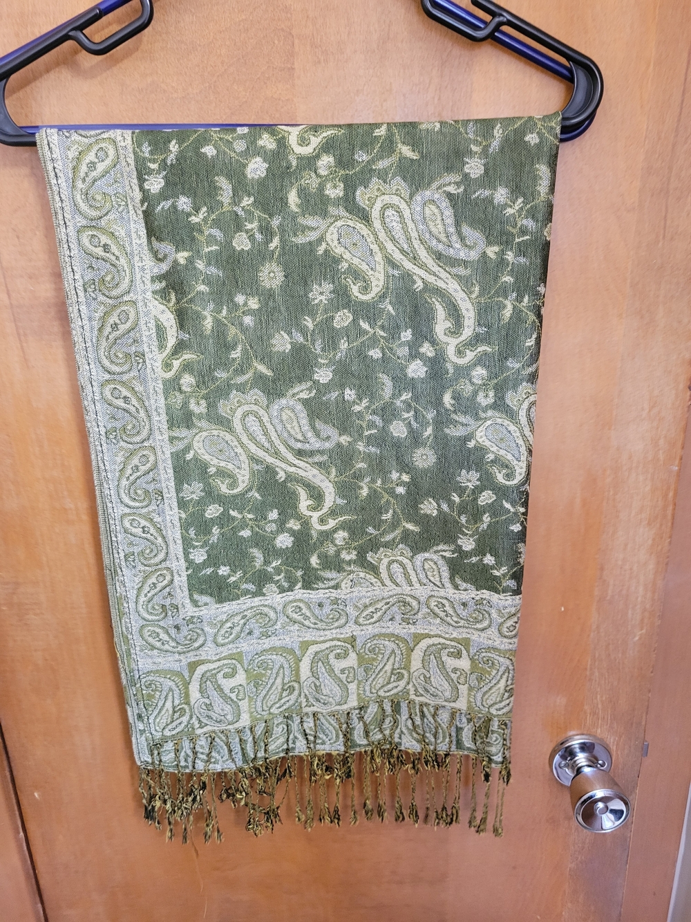 Olive Green Paisley Fringe Shawl Wrap